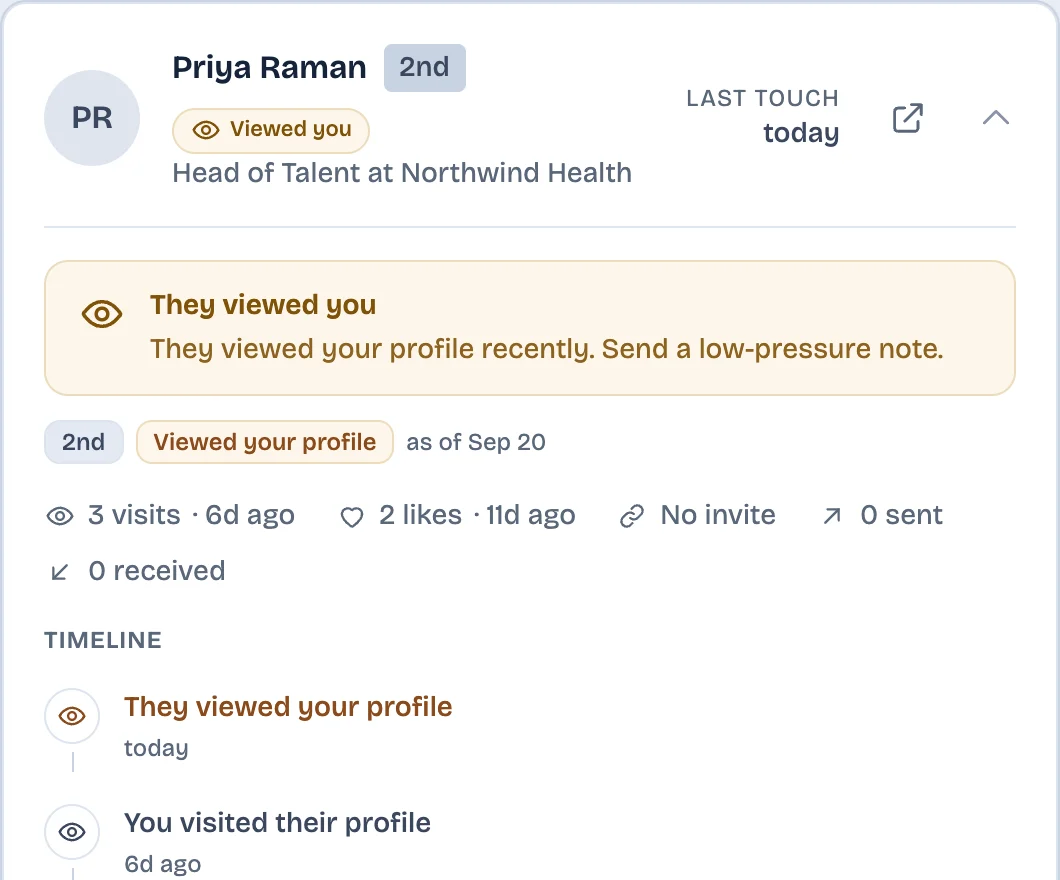 Watchlist card for Priya Raman with a They viewed you signal and a timeline of visits