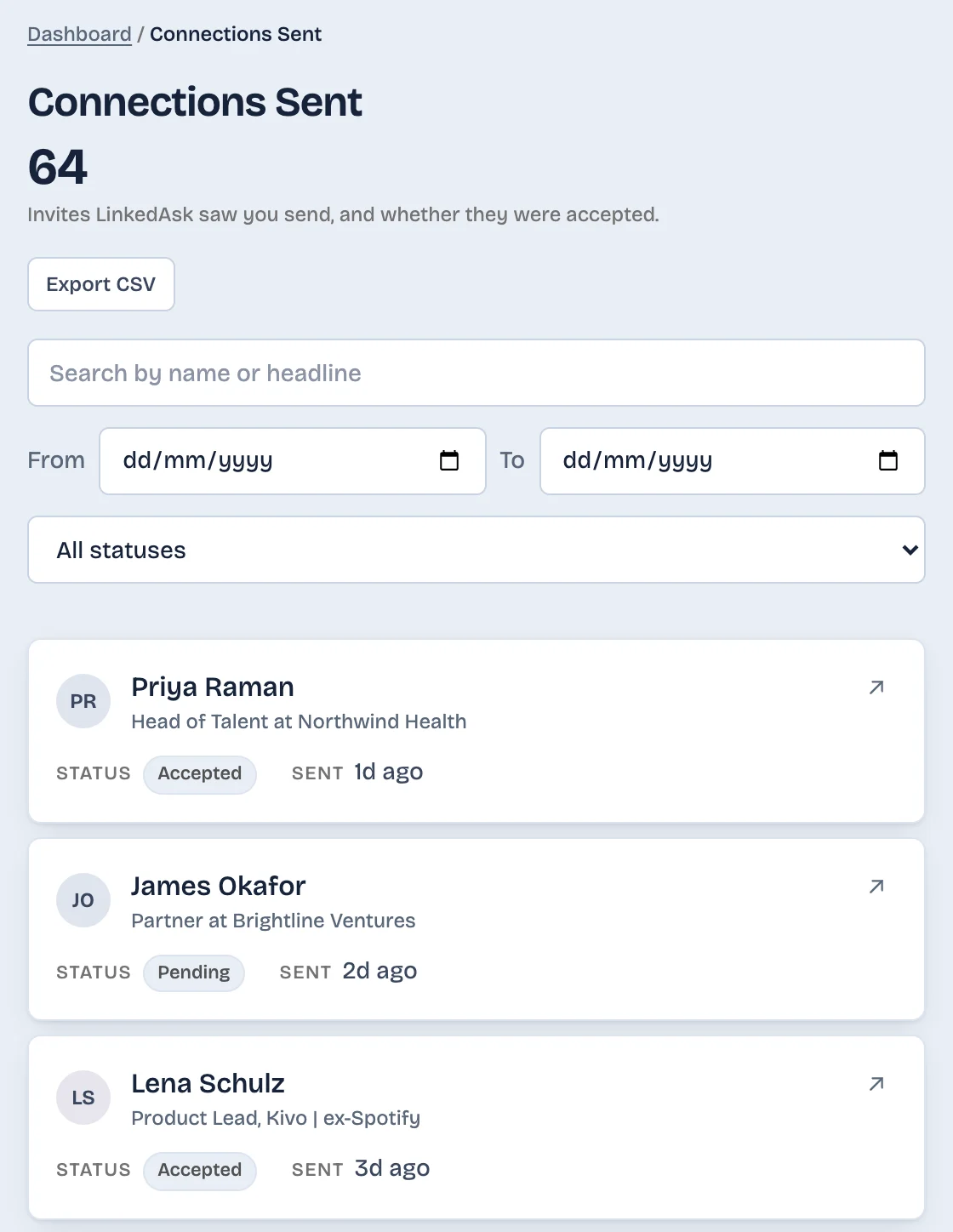 LinkedAsk Connections Sent list, each invite you sent marked Accepted or Pending with the day it was sent