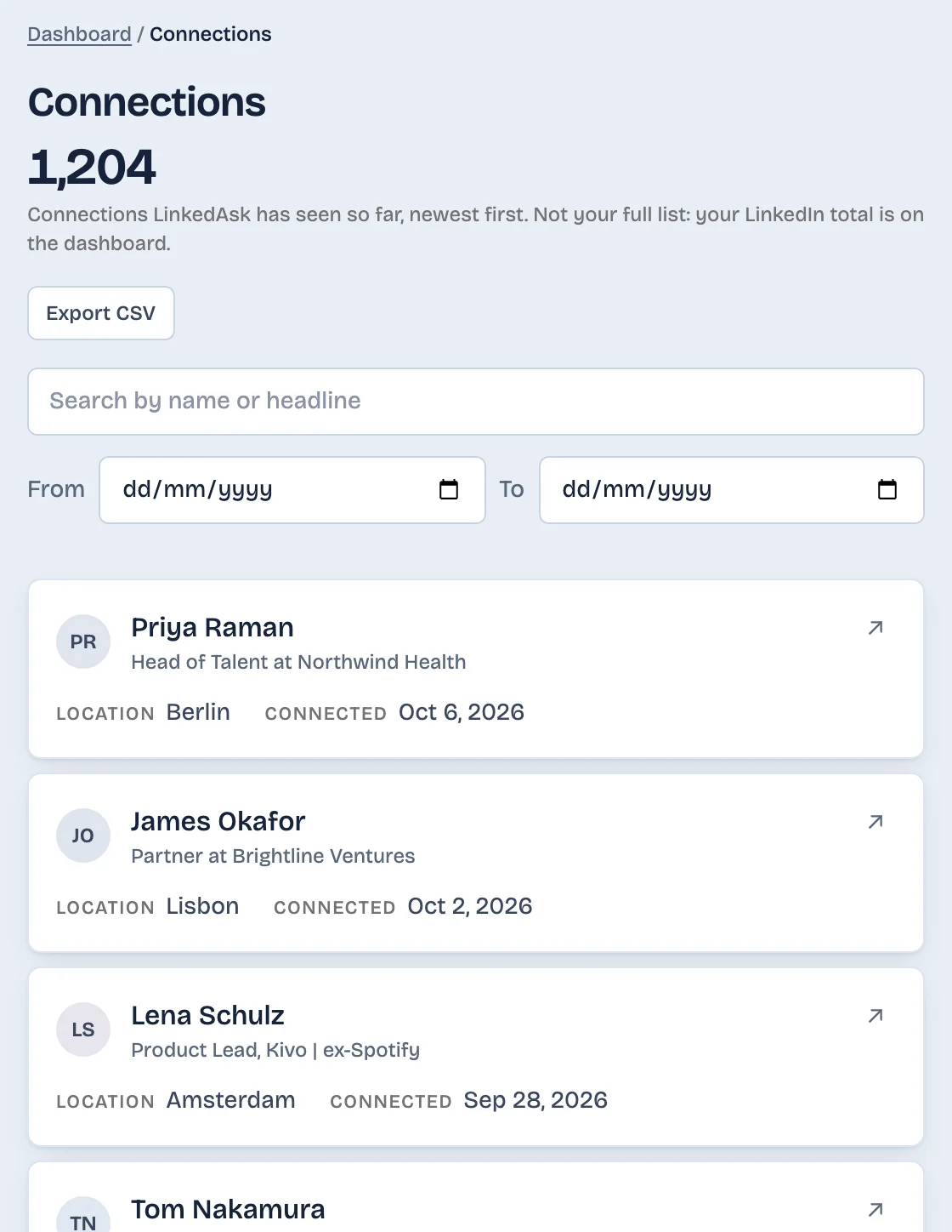 LinkedAsk Connections list with a name and headline search box, date filters, an Export CSV button, and each connection's headline, location and connected date