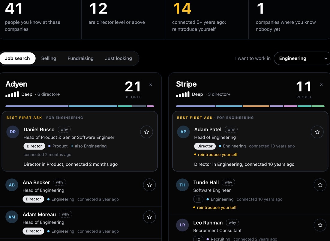 Company finder showing how many people you know at two companies, with the best first person to ask